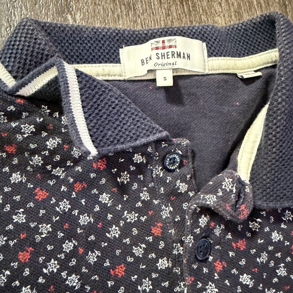 Ben Sherman Polo Shirt Mens Small Navy Blue Micro Floral Print Pique Cotton Mod - Picture 2 of 6